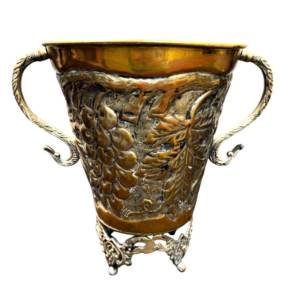 Vintage Brass Grape Vine Jardiniere Cachepot Footed Planter Urn 10.5" Handles